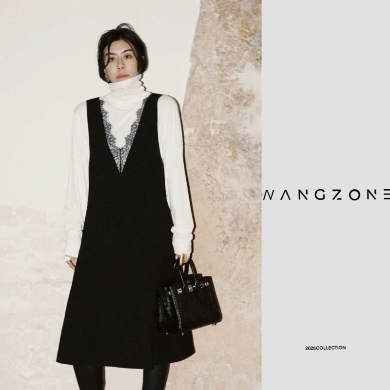 WANG ZONE | 高定法式优雅叠穿深V领拼接蕾丝连衣裙
