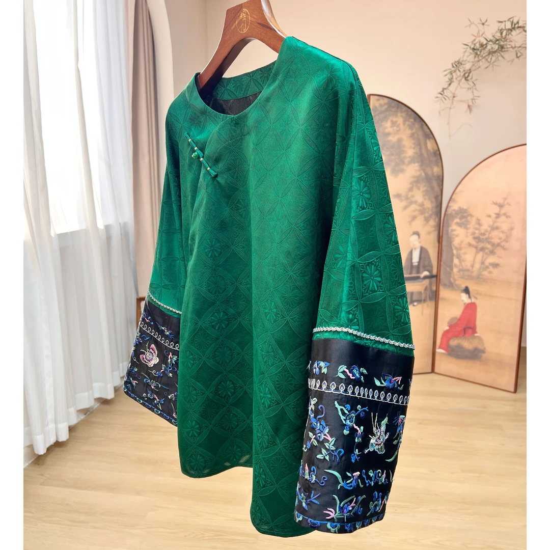 拉贝碧 绿幽灵 新中式桑蚕丝香云纱花罗重工刺绣 唐装上衣汉服