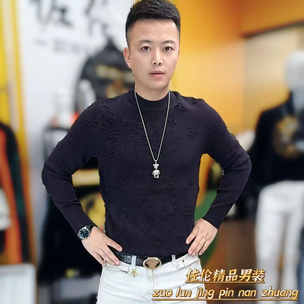 7703冬季新款时尚男士纯色欧版轻奢圆领毛衣