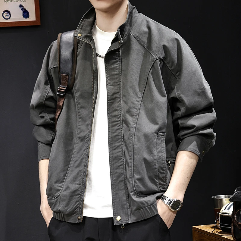 2025新款春秋款衣服日系潮牌男装宽松大码休闲立领工装外套夹克男