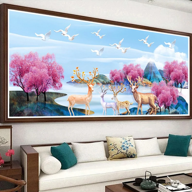 蒙娜丽莎十字绣发财鹿森林麋鹿浪漫粉色花