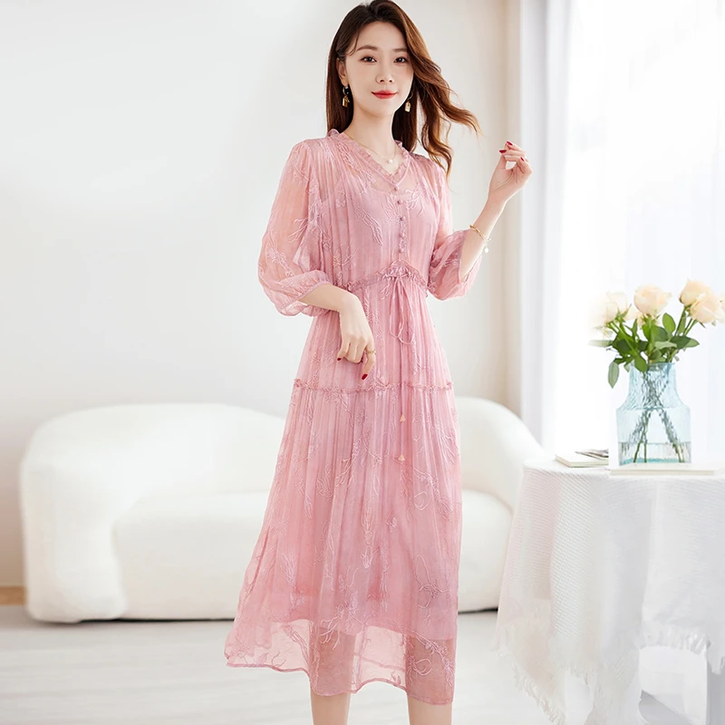 重工刺绣真丝法式连衣裙女夏季轻奢高端女装气质显瘦桑蚕丝裙子