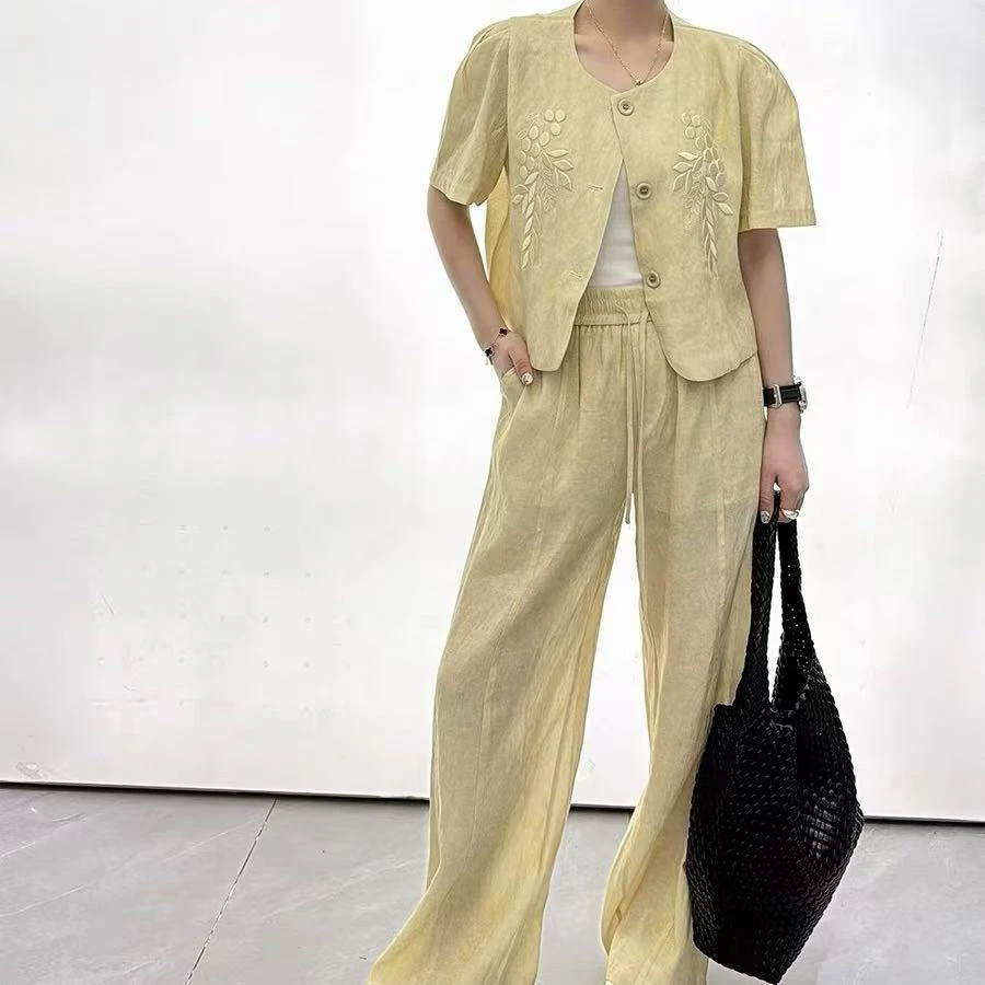 515/2822/179-9   圆领短袖衬衫短外套高腰阔腿拖地裤两件套