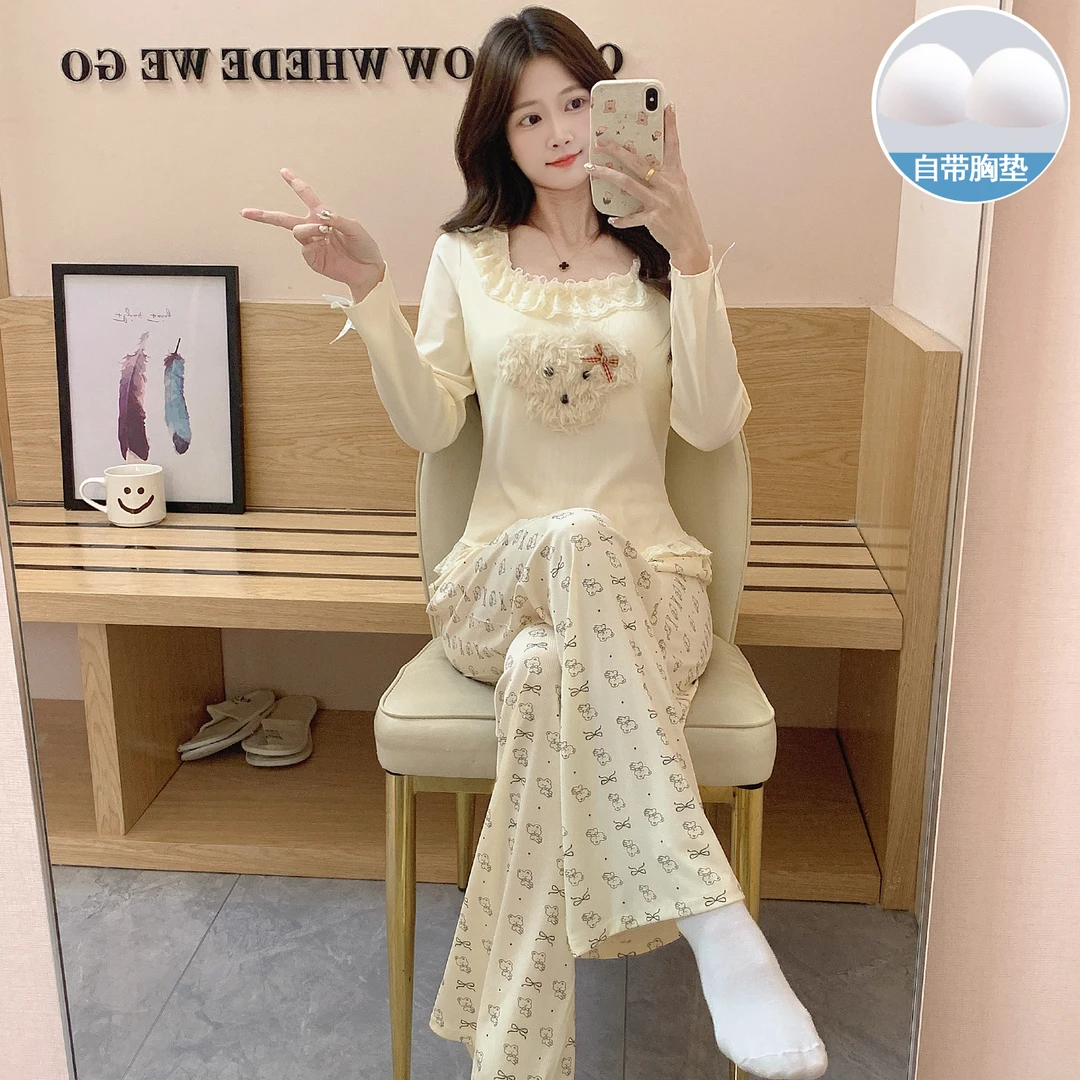 2025春秋季莫代尔睡衣女带胸垫毛绒小狗冬季薄款长袖女家居服套装