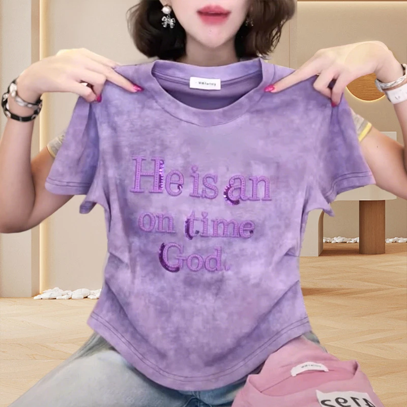 韩版大码字母亮片扎染t恤女ins短袖新款肤感女生韩系ins衣服