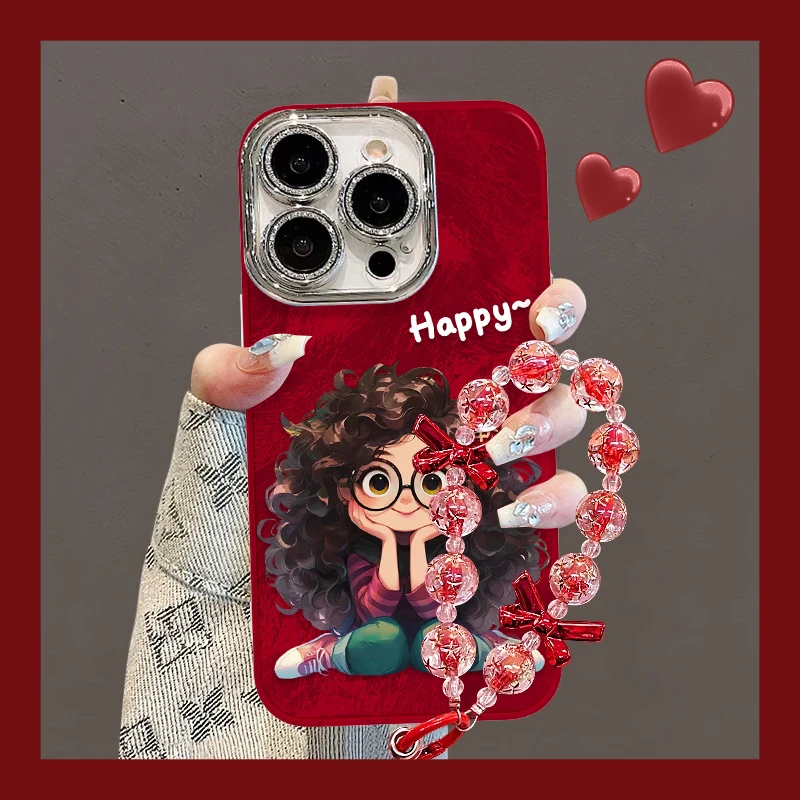 适用于苹果16可爱爆炸头女孩手机壳oppo华为vivo创意网红手链新款