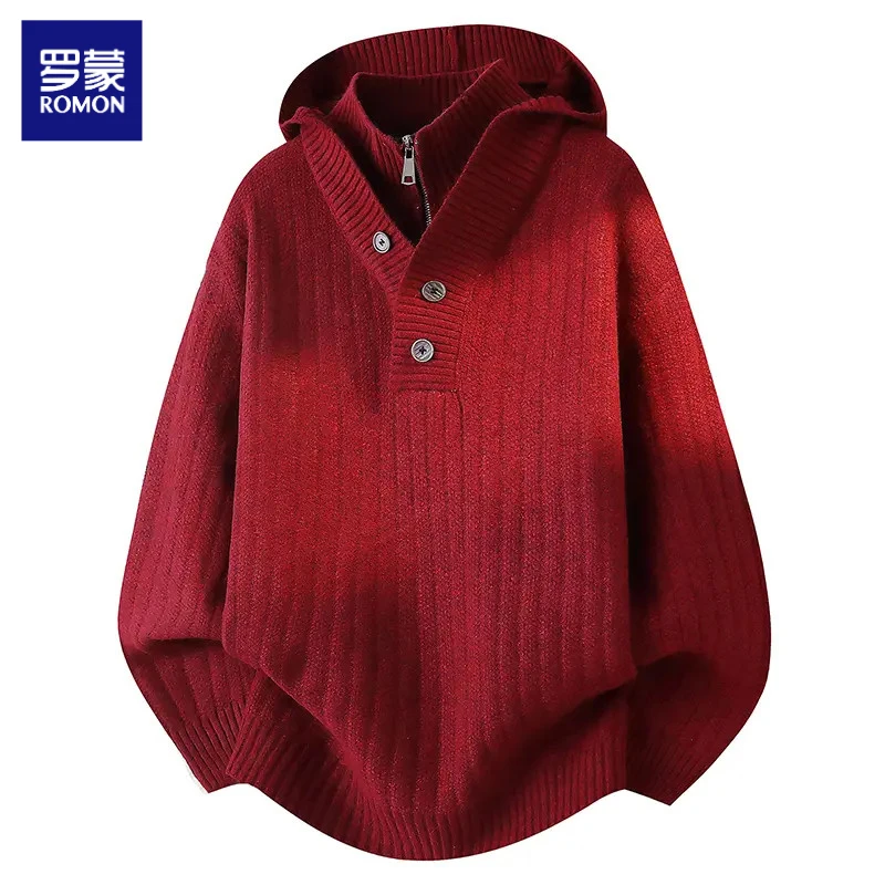 罗蒙红色假两件连帽毛衣男冬季慵懒毛线衣本命年高级感针织衫卫衣