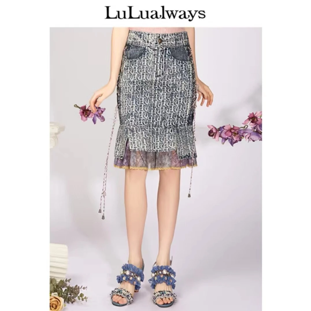 LULUALWAYS新款复古牛仔双边系带半身裙LMB4028