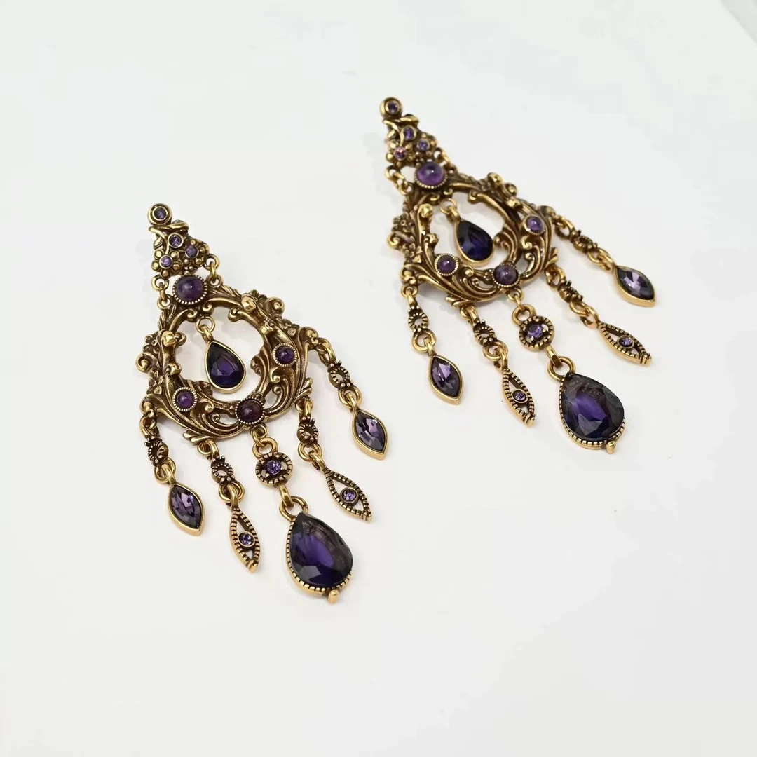 铜合金耳饰 紫藤水晶流苏扫肩耳环小众复古宫廷优雅奢华气质耳饰