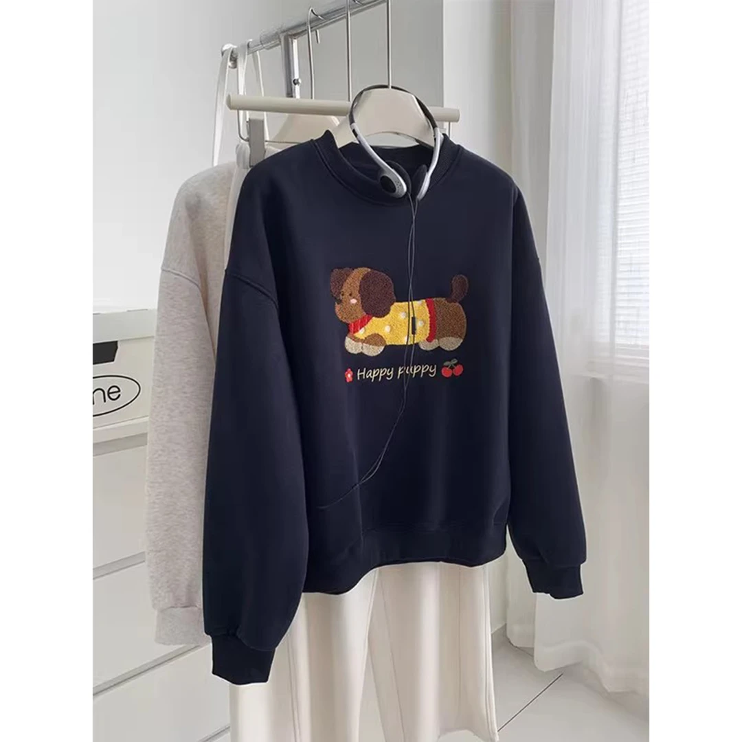 特大码2-300斤美式卡通腊肠狗毛巾绣套头卫衣女宽松秋冬加绒外套