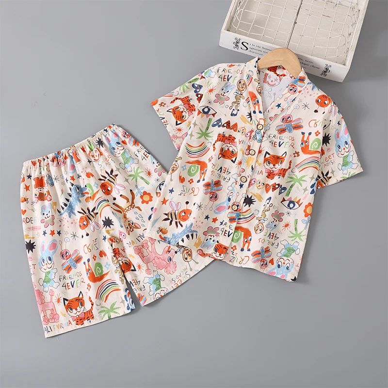 女孩宝宝夏季短袖空调服套装儿童绵绸家居服薄款女童男童棉绸睡衣