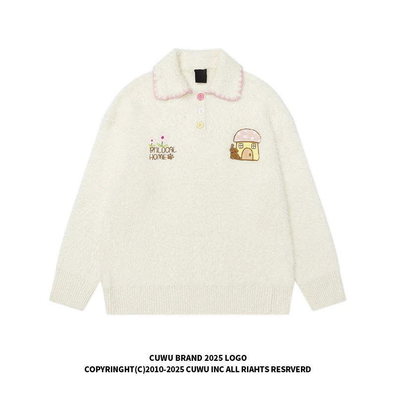 cuwu蘑菇房刺绣软糯温柔风套头毛衣女秋冬慵懒马海毛保暖针织上衣