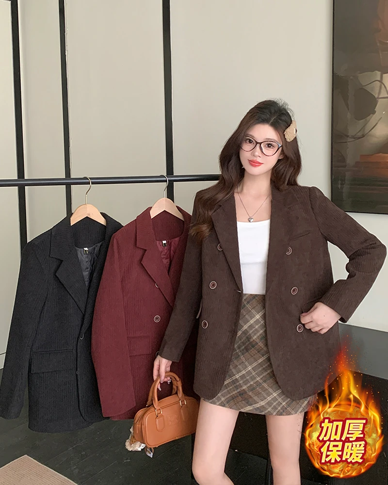 长2025秋冬装大码灯芯绒夹棉西装外套微胖mm厚款保暖西服63725