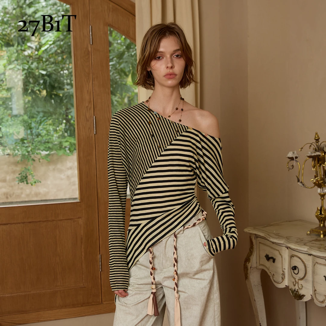 27B1T 灰绿条纹松弛度假风不对称斜肩飘带上衣复古高级BUWWR1N147