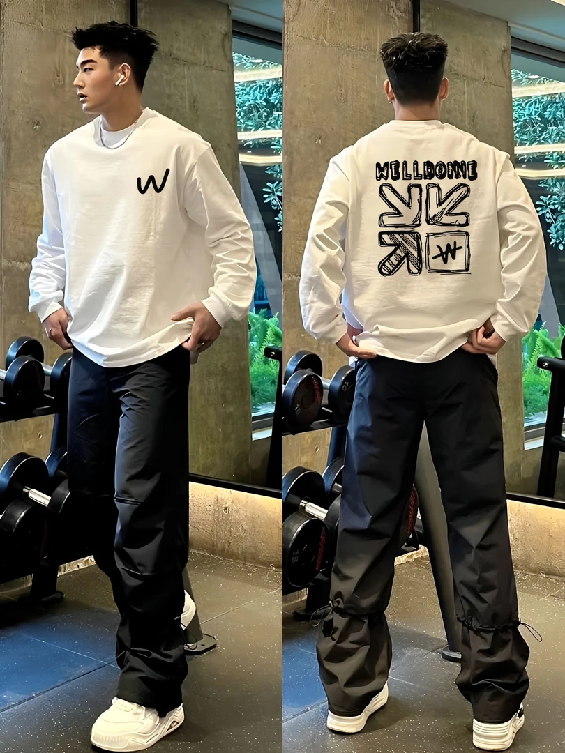 秋冬美式休闲长袖t恤百搭重磅纯棉宽松潮流高街印花男上衣休闲