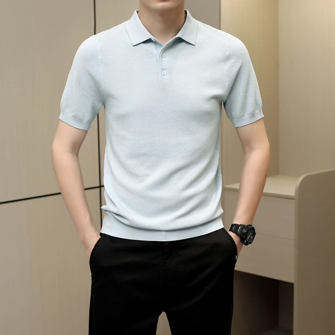 高品质夏季新款个性菠萝纹针织衫短袖纯色简约半袖翻领时尚Polo衫