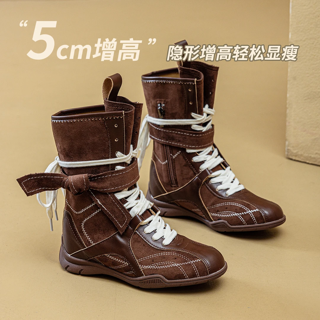 复古拳击靴女2025新款春夏季户外马丁靴小个子内增高不累脚中筒靴