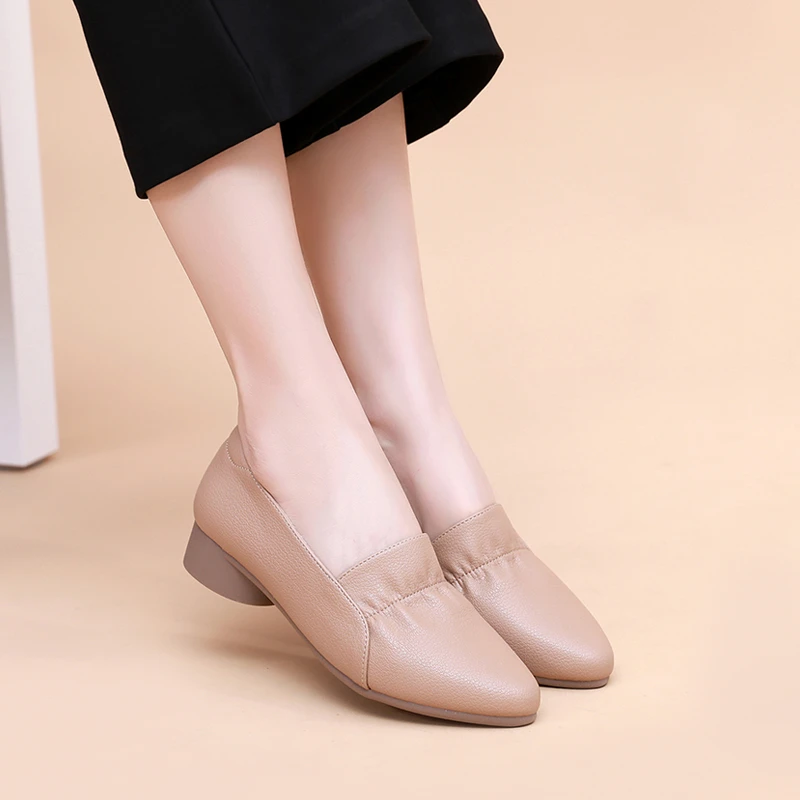 真皮女鞋2025春季新款尖头粗跟软底软面时尚气质女鞋