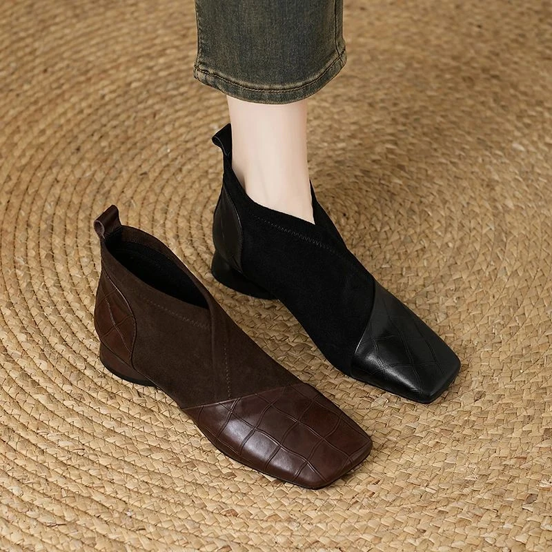 跟高3cm/34-39单绒/新款百搭粗跟法式拼接短靴秋冬日常通勤低跟女