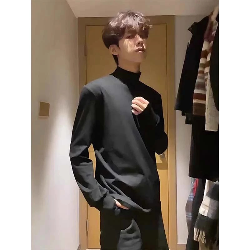 黑色半高领德绒打底衫男秋冬加绒内搭长袖t恤高级感痞帅美式卫衣