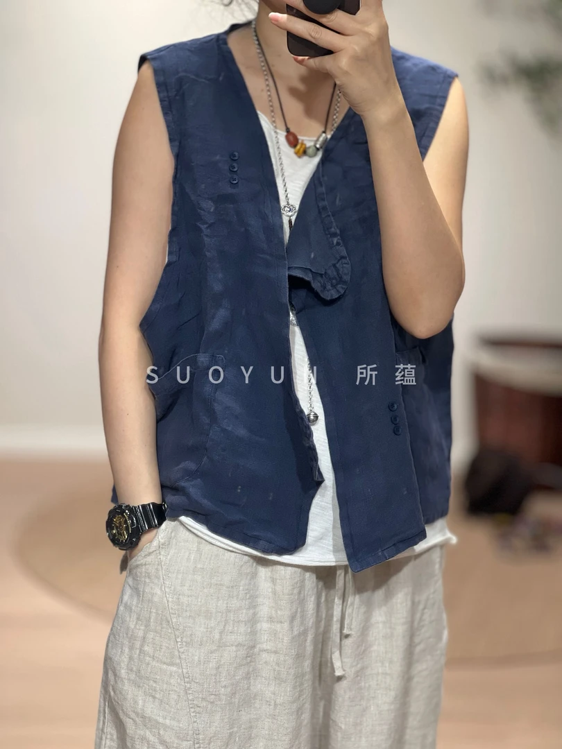所蕴秋装新款亚麻双层不对称马甲复古休闲百搭女马夹M2