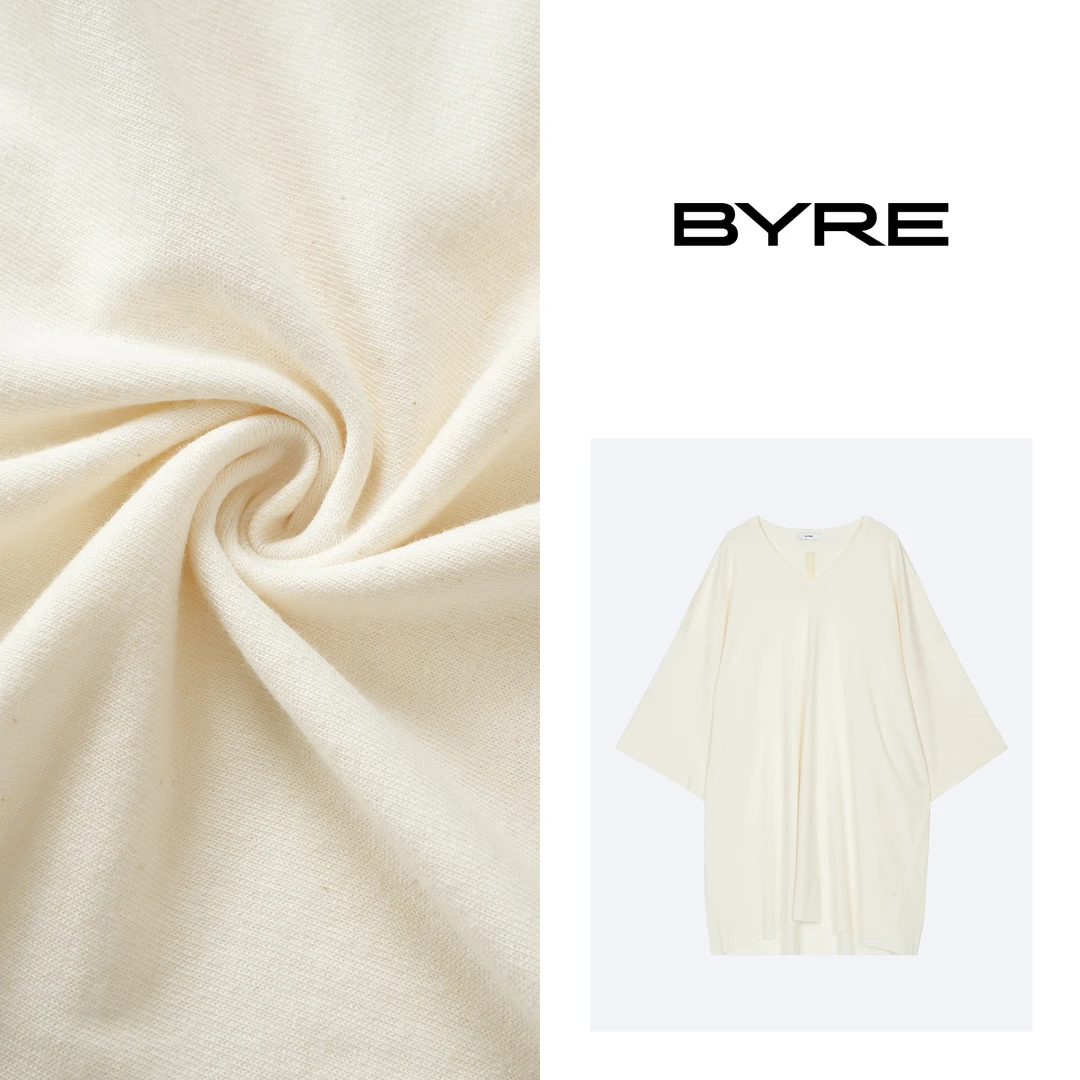 BY634 V领米白色长款T恤【冷水手洗】