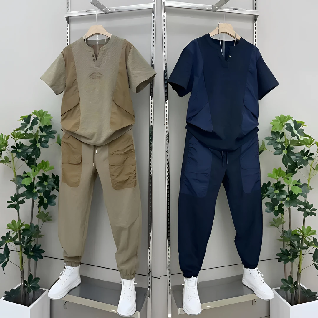 休闲服男款夏季潮牌气泡棉拼接上衣短裤套装潮流百搭工装风两件套