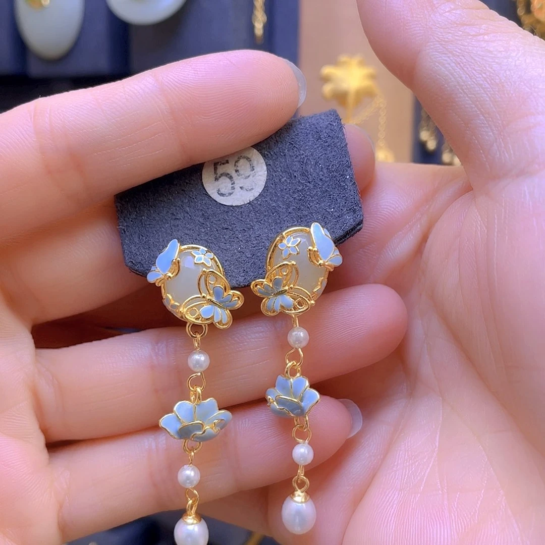 和田玉耳饰银S925镀金镶嵌