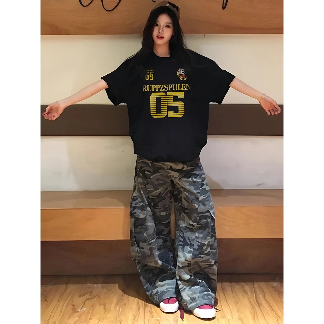 夏季新款美式复古港风数字印花短袖短袖t恤女圆领百搭显瘦圆领ins