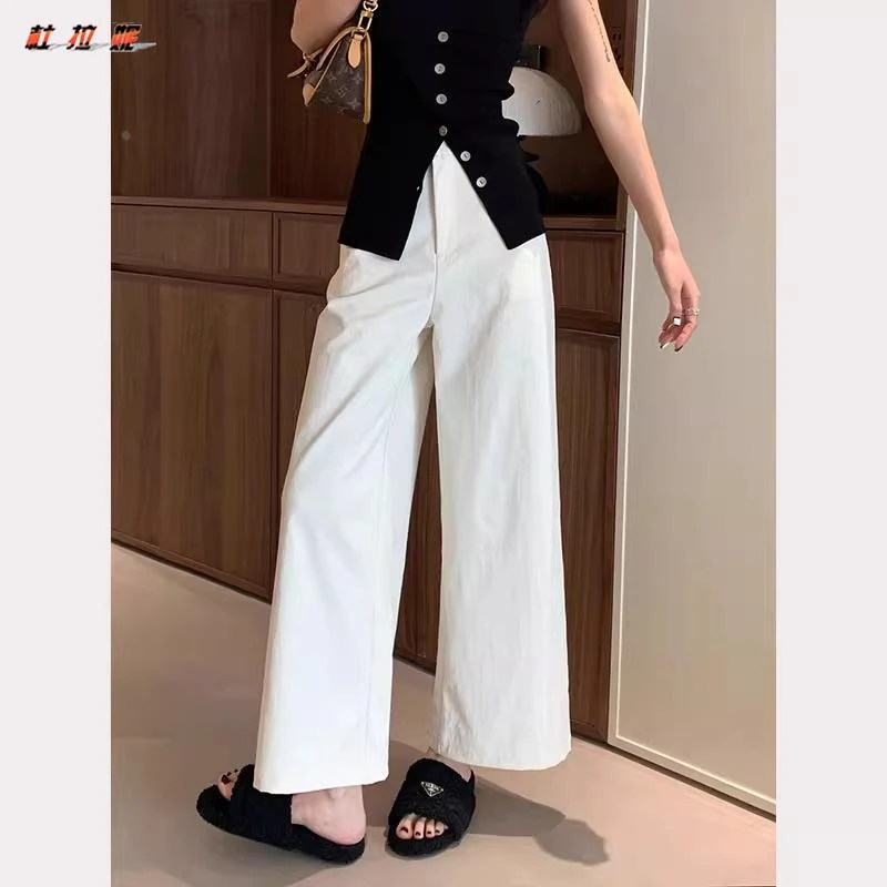 杜拉妮白色直筒休闲裤女士初秋新款裤大码梨形身材宽松九分阔腿裤