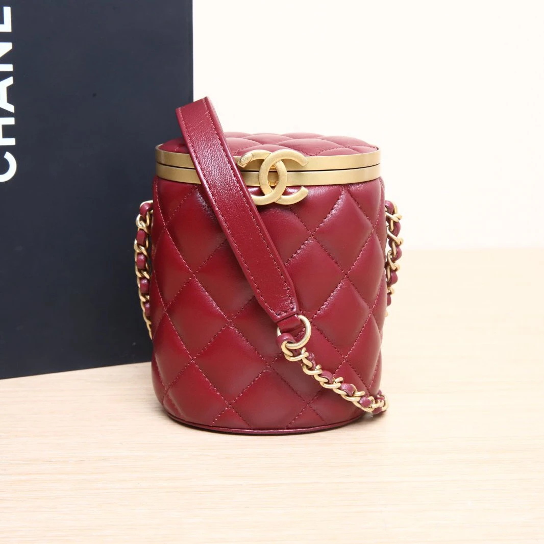 99新 Chanel/香奈儿 【念念活动】金属扣翻盖 圆桶包 短款 酒红色