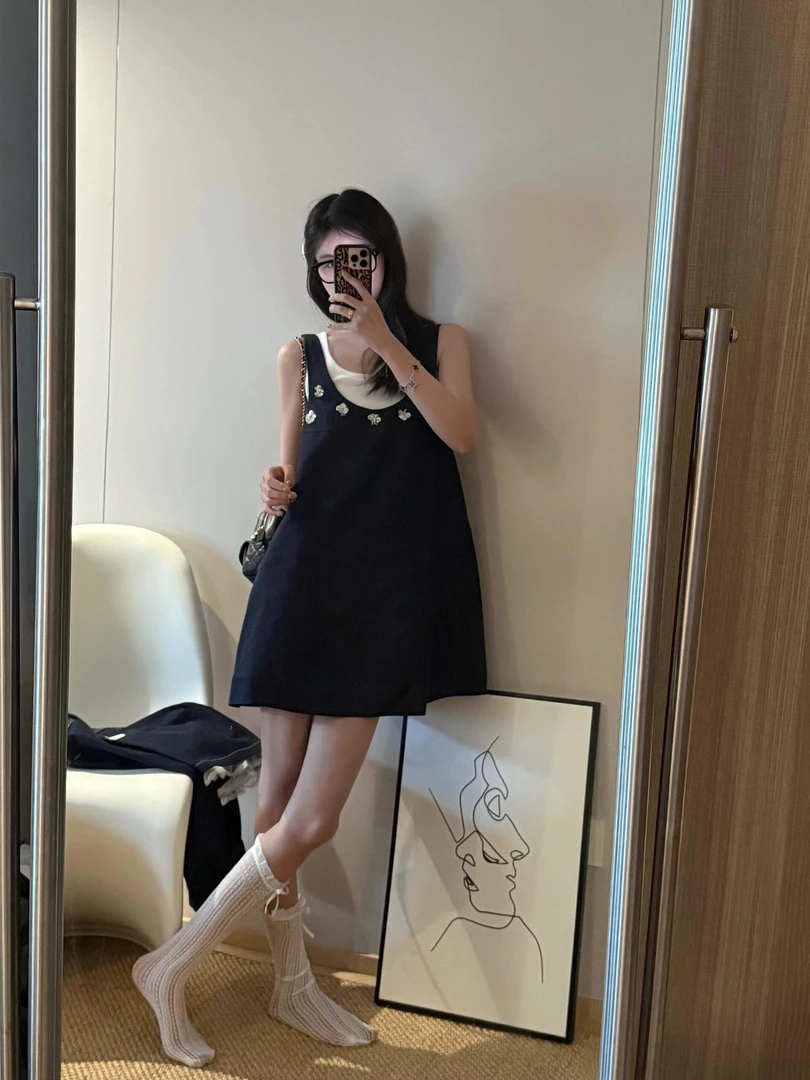 HERLIAN 夏季女士假两件钉珠吊带裙-1580