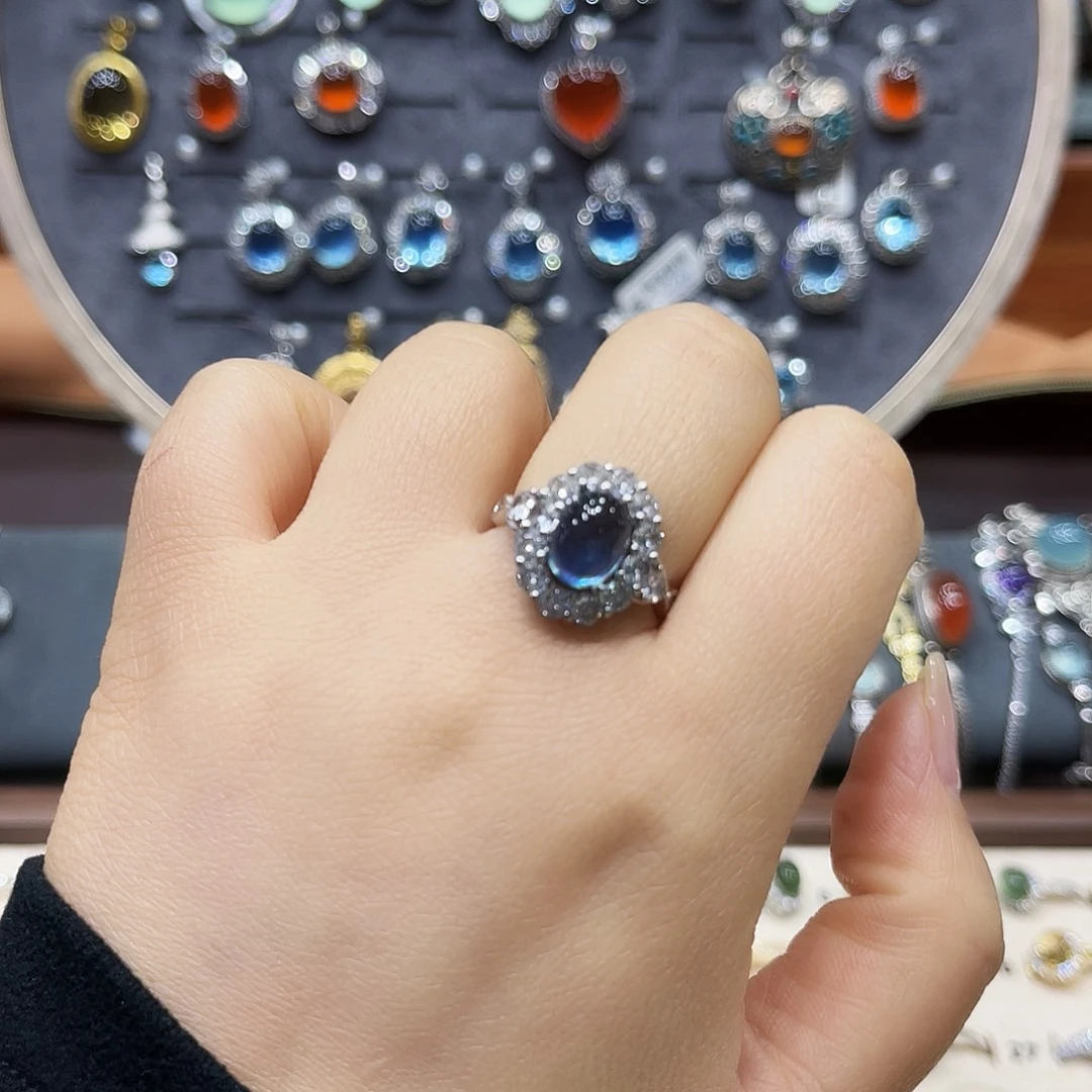 倾***柔海蓝宝石银S925镶嵌戒圈