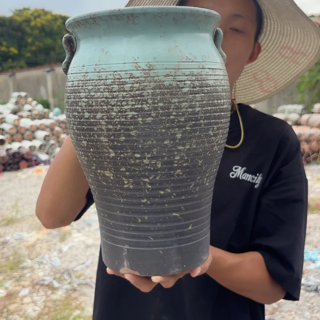 紫砂花盆复古耳微瑕口径20高度32