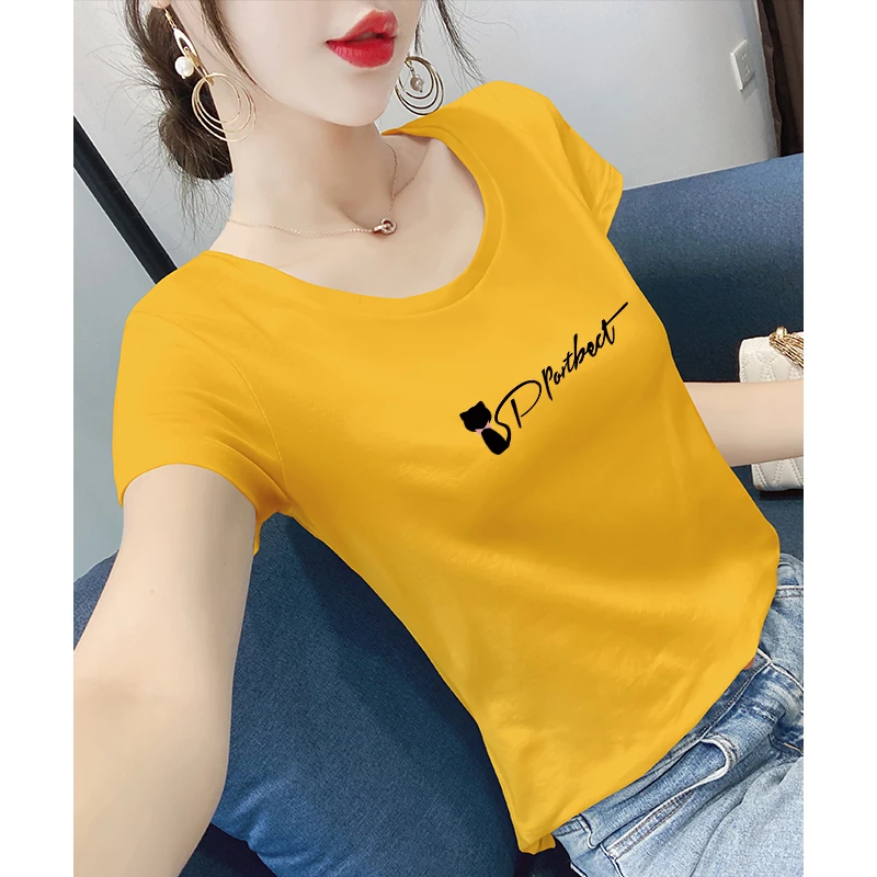 姜黄色短袖t恤女修身圆领百搭2025春夏季新款纯棉显瘦紧身上衣