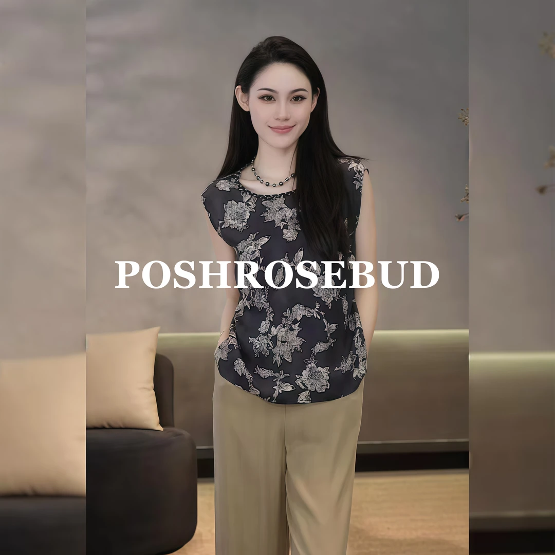POSHROSEBUD【曲苑风华】中式国风印花钉钻无袖气质上衣衫-LT0344