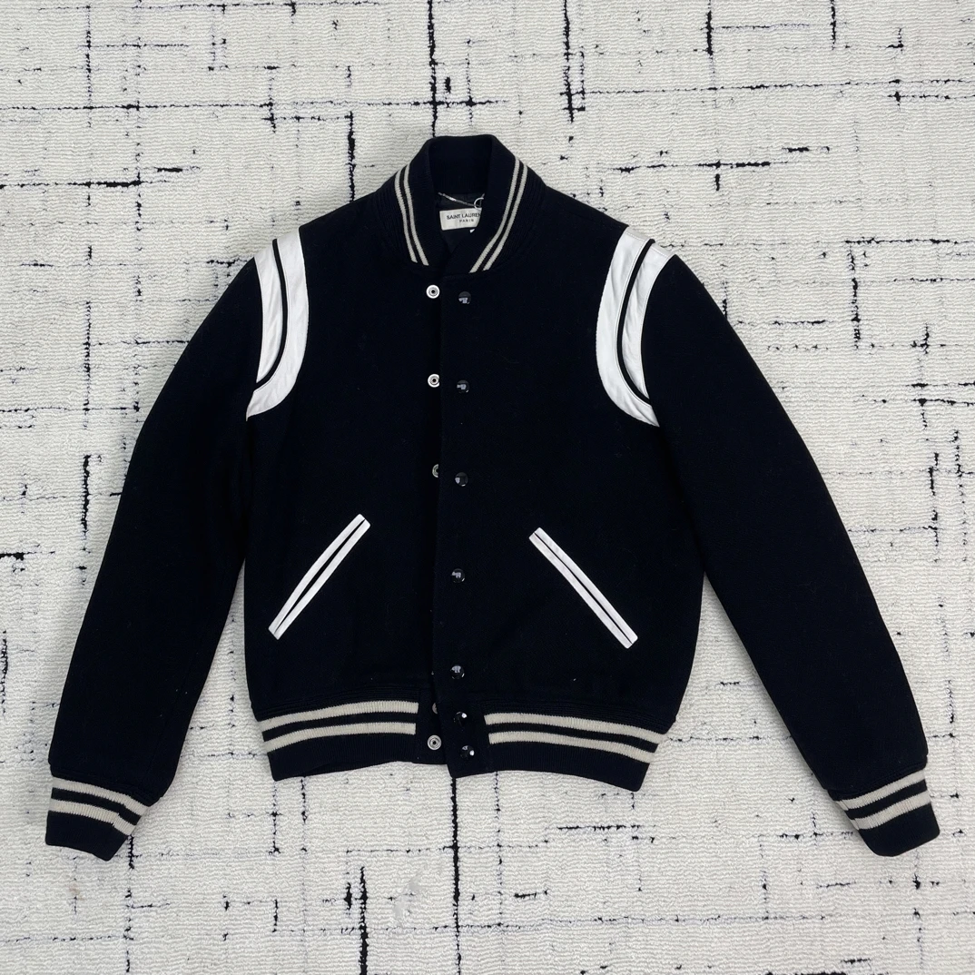 99新 YSL/圣罗兰 黑白拼色圆领棒球外套 46码 1673