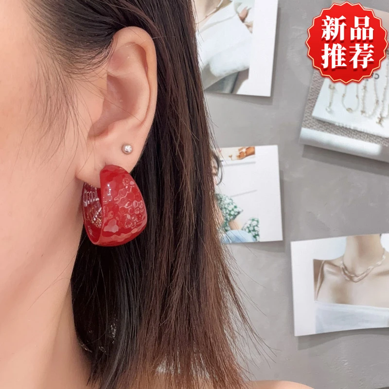 铜合金耳饰 时尚百搭C圈耳环轻奢高级感红色滴油宽面大耳圈2.6CM