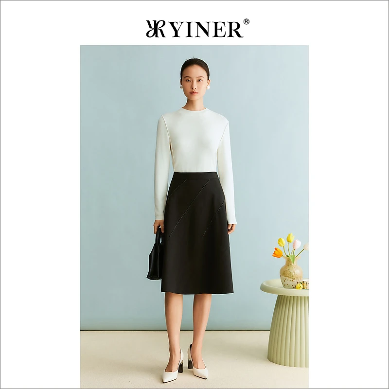 精选YINER音儿女装冬优雅钉珠织条高腰A字半身裙小黑裙