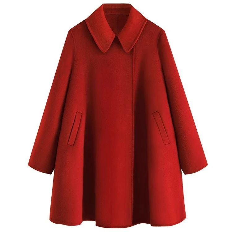 23年复古红色斗篷双面羊绒大衣女小个子通勤气质A版羊毛呢子外套