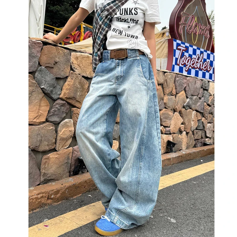 竹节解构宽松弯刀牛仔裤女美式复古水洗阔腿新款休闲长裤