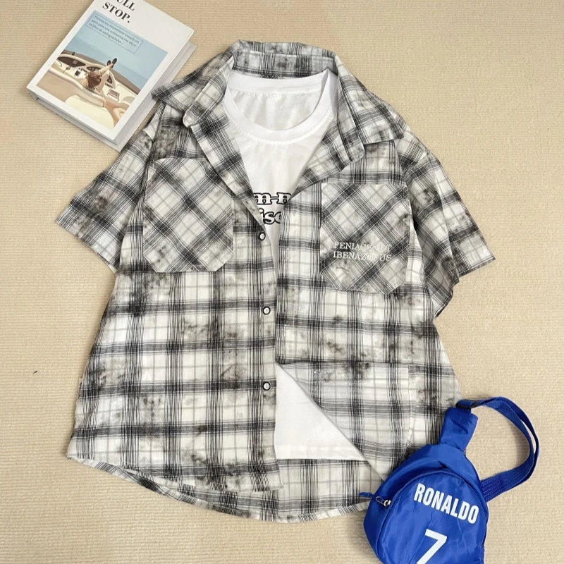 25145短款时尚夏季衬衣百搭休闲夏装简约格纹短袖衬衫2件套装