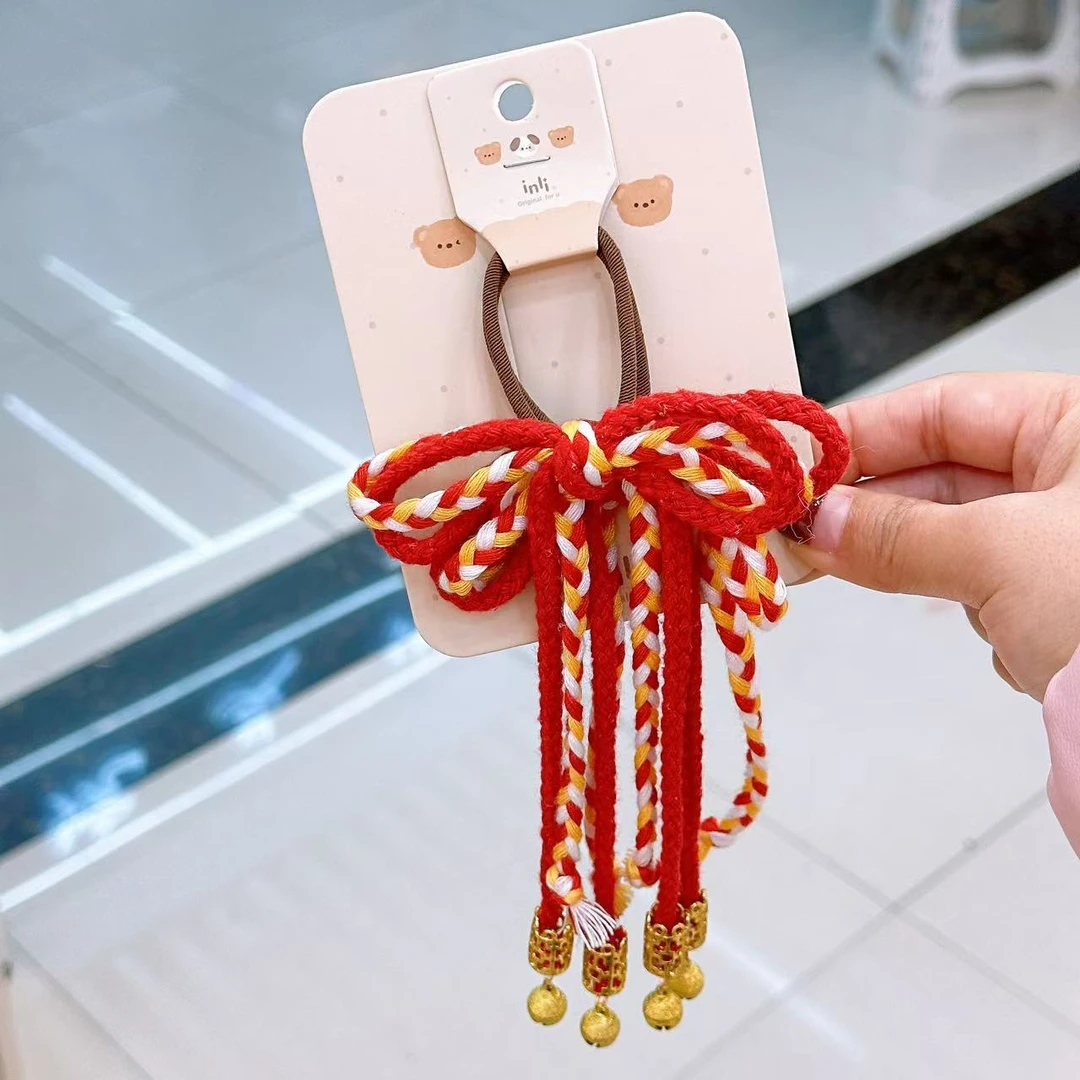 A-6263  jl  红色编织麻花绳铃铛儿童秋冬百搭新年头绳    发圈