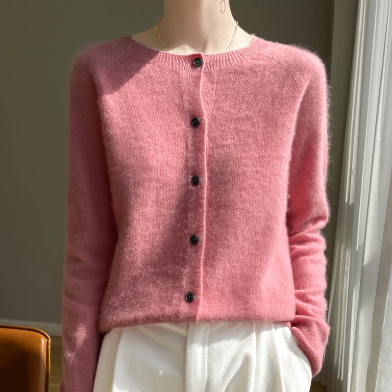 商场同款 气质百搭~圆领纯羊毛开衫女宽松休闲百搭针织外套R-419