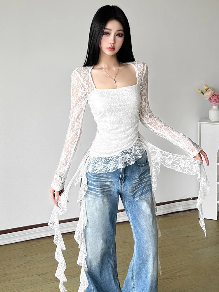 纯欲辣妹风透视蕾丝拼接方领T恤女飘带显瘦修身不规则荷叶边上衣