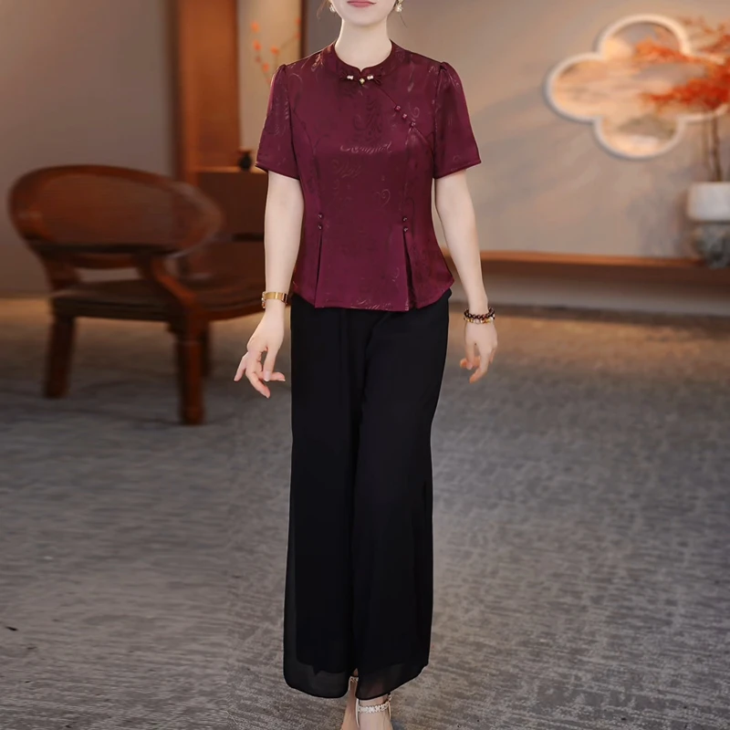 新中式国风短袖小衫套装女2025夏季新款妈妈高端洋气阔腿裤两件套