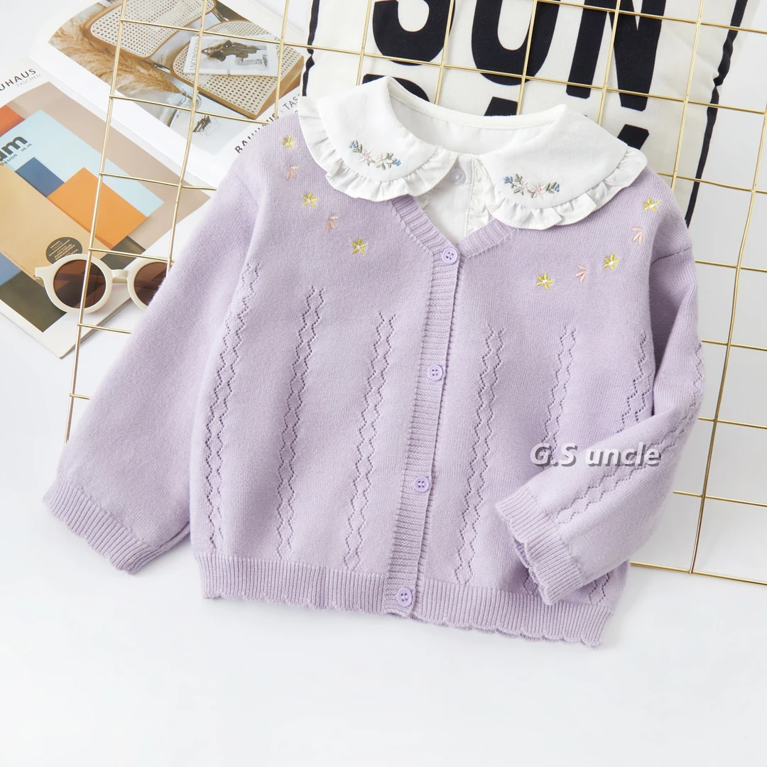 1【紫星闪闪】B064春季新款女童针织开衫外套松软针织＋刺绣小花点缀