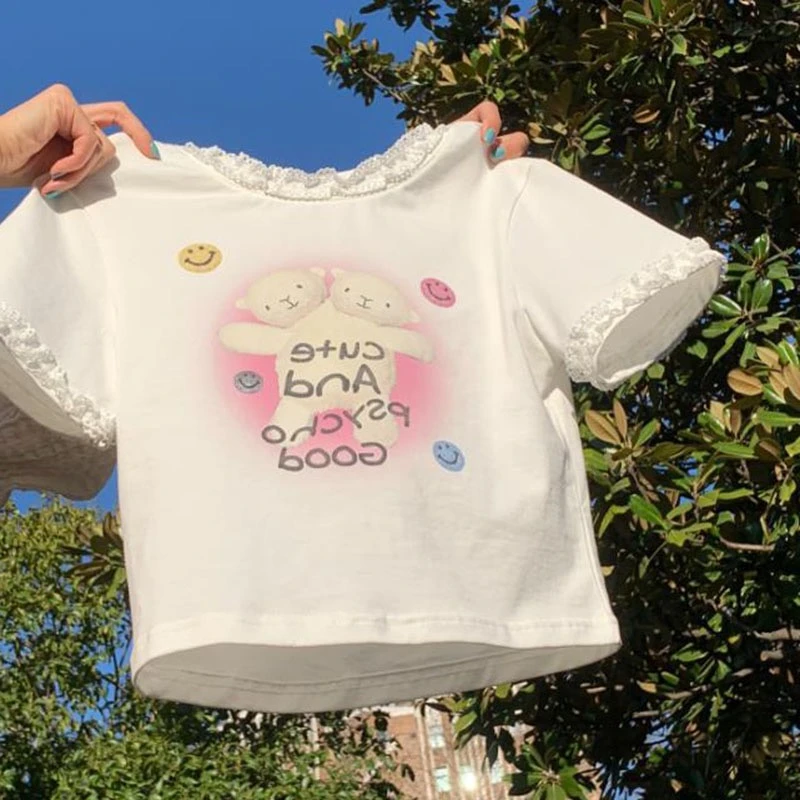 HHkids女童短袖休闲T恤2024夏季新款儿童花边小熊上衣宽松ETZ222