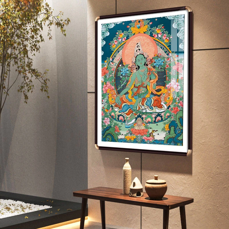 绿度母唐卡装饰品藏族热贡客厅办公室女性守护菩萨装饰挂画带框