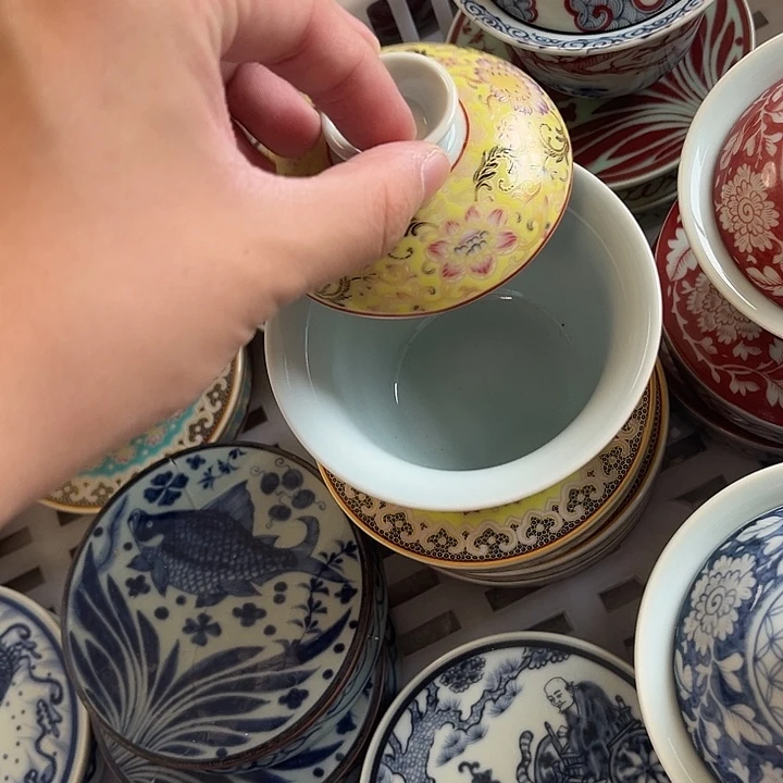 摆件景德镇黄珐琅彩两才马蹄盖碗